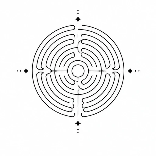 Black circular labyrinth tattoo with central circle and four star points around it