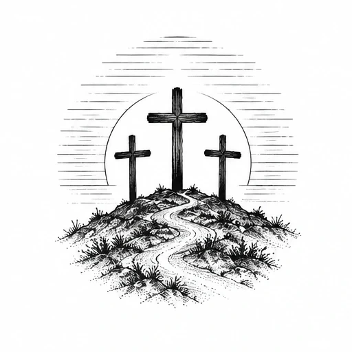 Three crosses on a hill with a rising sun background in black ink tattoo style