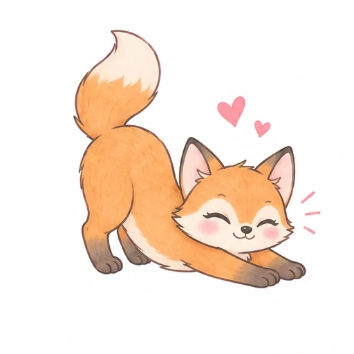Illustration of a cute orange fox stretching happily with two pink hearts floating above its head.
