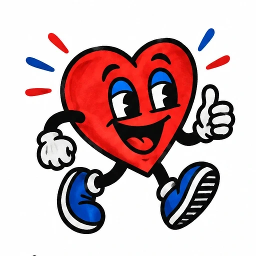 Cartoon heart character with black outlines, blue sneakers, white gloves, smiling and giving thumbs up.