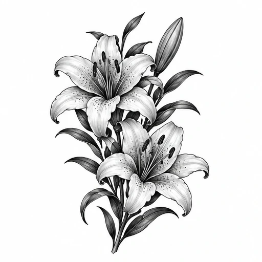 Black and gray tattoo design of two lily flowers with leaves and a closed bud