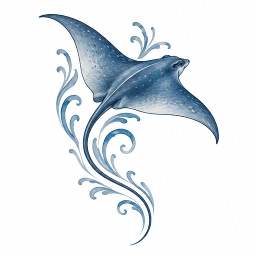 Blue stingray tattoo design with decorative sweeping water swirls