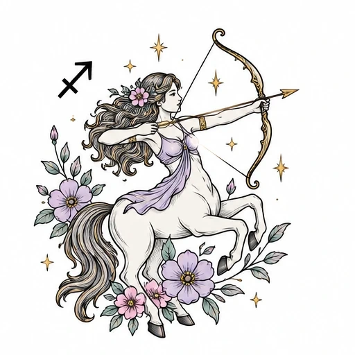 Sagittarius centaur woman tattoo design with bow, flowers, stars, and zodiac arrow symbol.