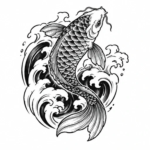 Black ink koi fish tattoo design with detailed scales and flowing water waves