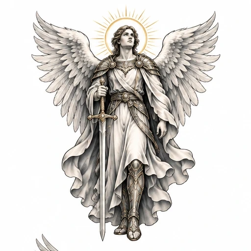 Detailed monochrome archangel with large wings, sword, armor, flowing robes, and golden halo.