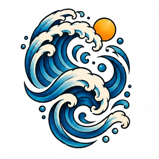 Colorful tattoo of blue ocean waves with white foam curling around a bright orange sun on a white background