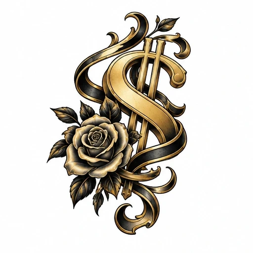 Gold dollar sign with black and gold rose and leaves tattoo design