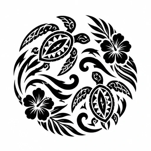 Polynesian tattoo design with two sea turtles, hibiscus flowers, and waves in a circular black ink pattern