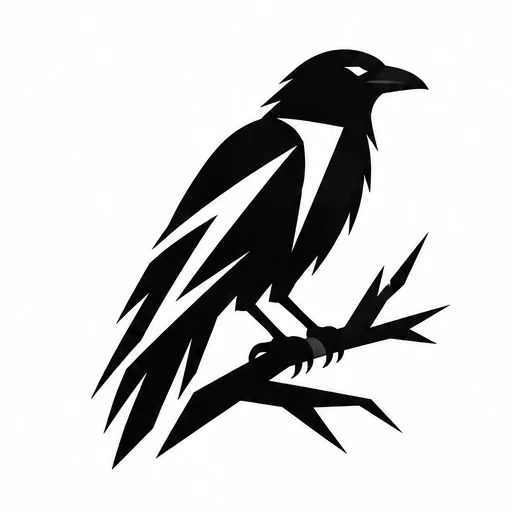 Black silhouette tattoo of a crow sitting on a jagged branch using sharp negative space cutouts