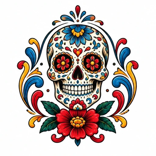 Colorful sugar skull tattoo design with red floral eyes, blue and yellow flowers, and swirling red, blue, and gold scrolls