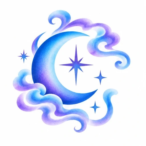 Blue and violet crescent moon with stylized swirling clouds and star shapes