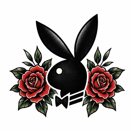 Black Playboy Bunny silhouette flanked by two red roses with green leaves