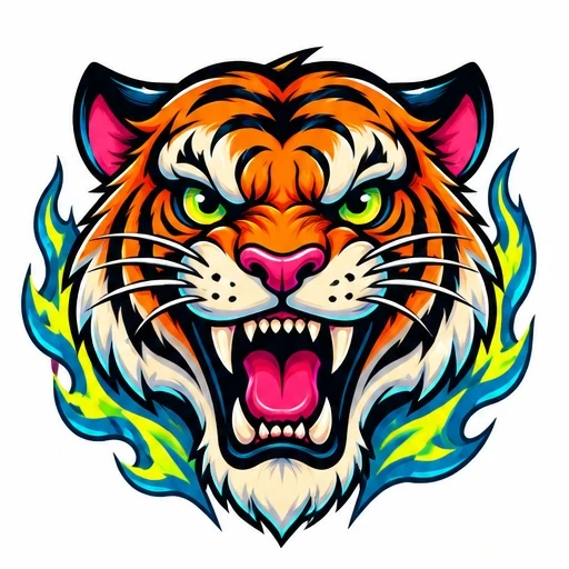 Roaring tiger head with green eyes and neon blue flames
