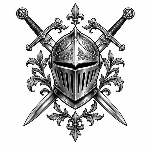 Black and gray tattoo design of a knight helmet with crossed swords and floral decorations