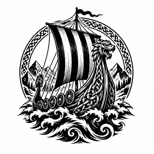 Black and white Viking longship tattoo design with dragon figurehead, striped sail, shields, swirling waves, mountains, and Norse knotwork border