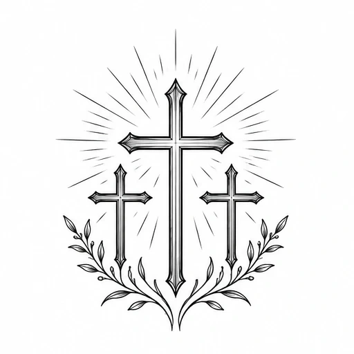 Three black outlined crosses with radiant lines and leafy branches in fine line style