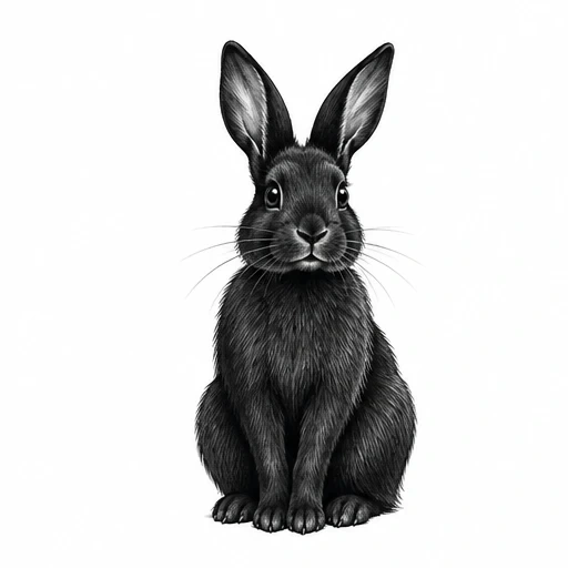 Detailed black rabbit sitting upright with ears up and detailed fur