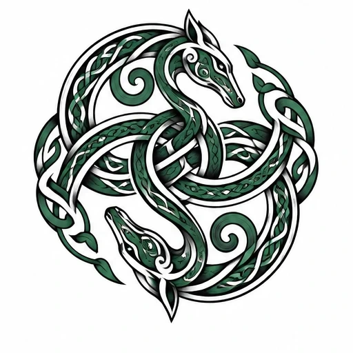 Two entwined Celtic style dragons in green and black forming a circular knot design