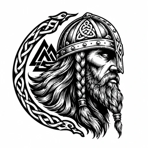 Black and white Viking warrior side profile tattoo with braided hair, horned helmet, Valknut symbol, and serpent knotwork frame