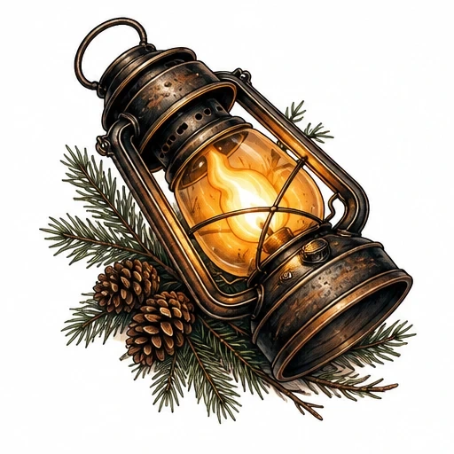 Tattoo design of an old metal lantern glowing with a flame, nestled among pinecones and evergreen branches.