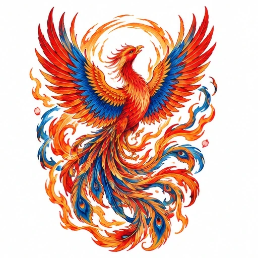 Colorful phoenix tattoo design with blue and orange feathers rising amid flames and a ring of fire.