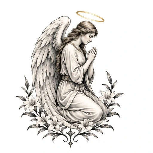 Black and white detailed drawing of a kneeling praying angel surrounded by lilies with a golden halo above head