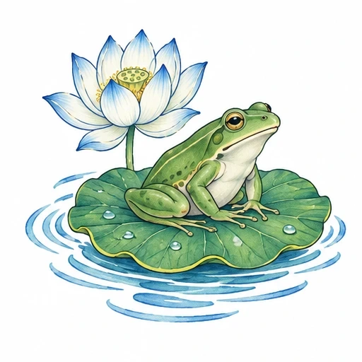 Green frog sitting on a lotus leaf with water droplets and a blue-tipped white lotus flower in the background, surrounded by rippling water.