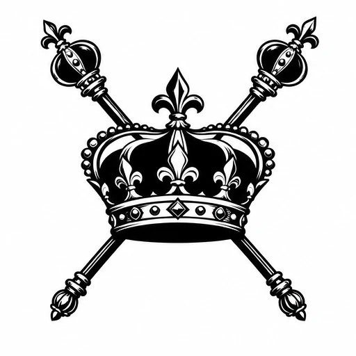 Black regal crown with fleur-de-lis patterns and crossed scepters in black ink on white background