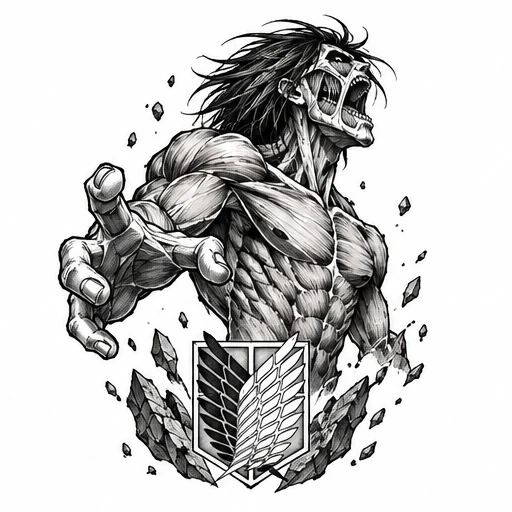 Black and white illustration of a roaring Titan with detailed muscles and hair, bursting through rocks with Survey Corps emblem