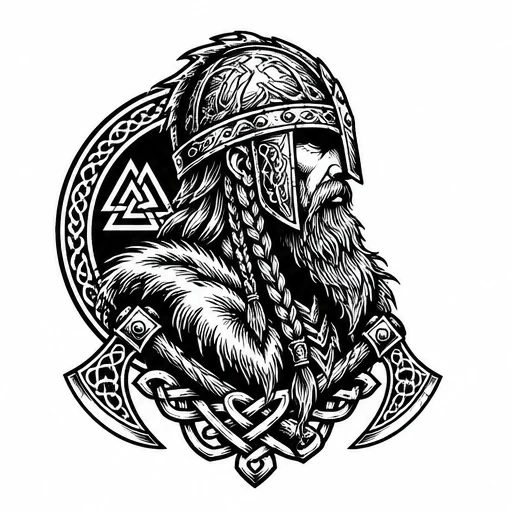 Black-and-white Viking warrior tattoo design with braided hair, helmet, axes, and Valknut symbol