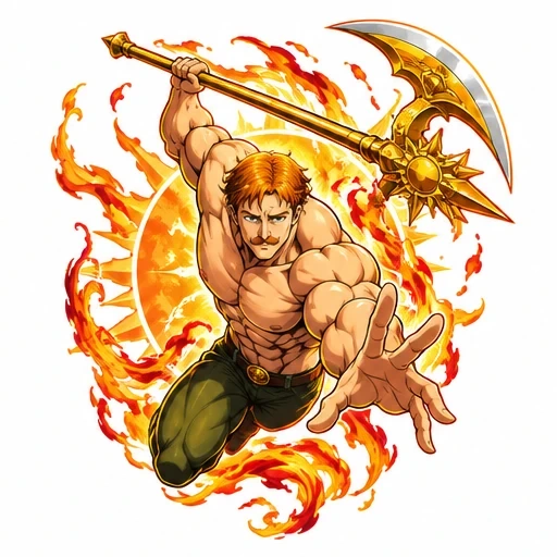 Illustration of a muscular man with red hair holding a flaming golden halberd, flames and sun behind him.