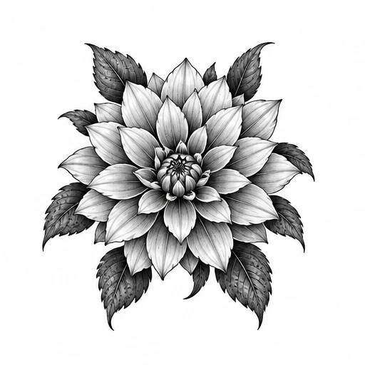 Black and gray dahlia flower tattoo design with detailed petals and textured leaves