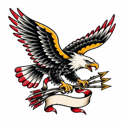 Traditional American style eagle tattoo clutching three arrows with outspread wings and ribbon banner.