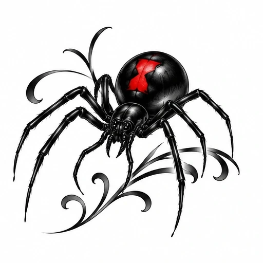 Black widow spider tattoo design featuring black glossy body with red hourglass marking and ornamental swirling accents