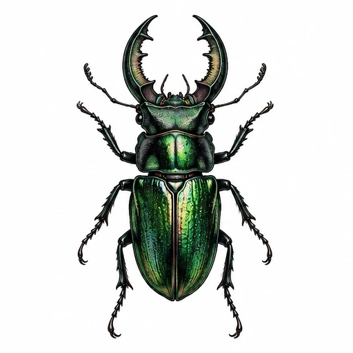 Illustration of a green stag beetle with large curved mandibles and detailed legs on white background