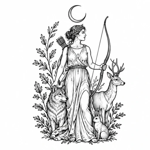 Black and white tattoo design of Artemis holding a bow with a wolf, stag, and rabbit around her, adorned with leafy plants and crescent moon overhead.