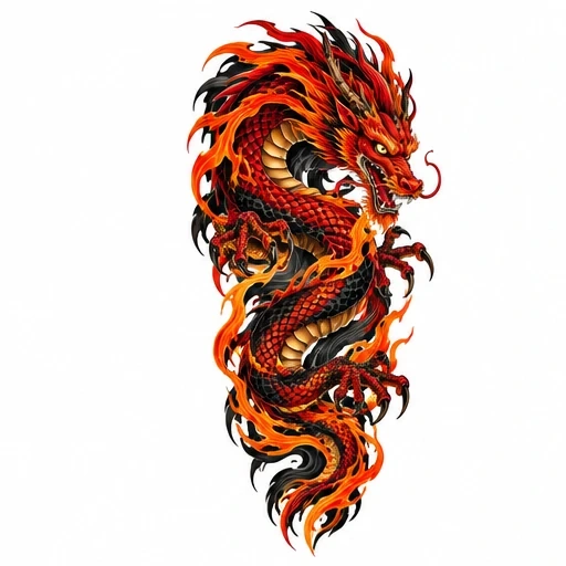 Red and black dragon surrounded by orange flames coiled in an S shape
