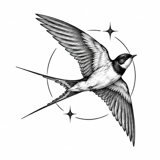 Black and white illustration of a swallow bird in flight with a circle and star shapes