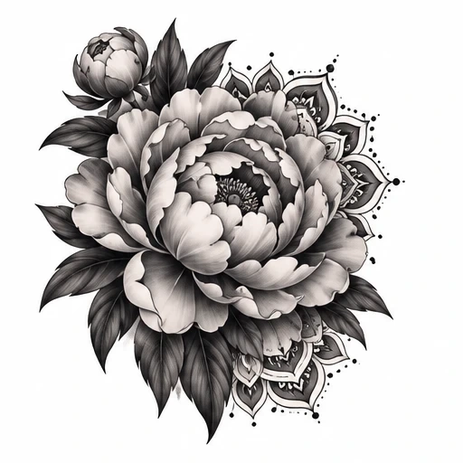 Black and gray tattoo design of a blooming peony with leaves and mandala pattern background