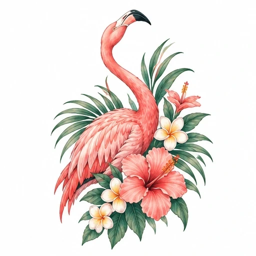 Pink flamingo with tropical hibiscus and plumeria flowers, surrounded by green leaves