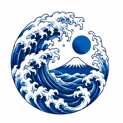 Japanese style wave tattoo with Mt. Fuji and blue sun in a circular composition