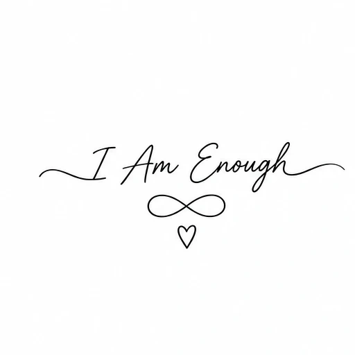 Minimalist tattoo design of the phrase 'I Am Enough' in elegant script with an infinity symbol and a small heart beneath it.
