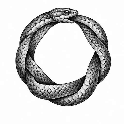Black and grey shaded ouroboros snake biting its tail forming a twisted circle.