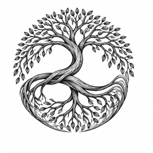 Black and white tattoo design of two intertwined trees forming a yin-yang symbol with detailed leaves and branches.