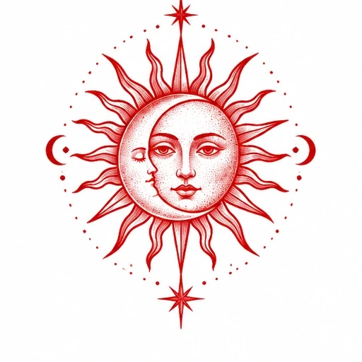 Red tattoo design of sun and crescent moon with faces surrounded by rays and stars