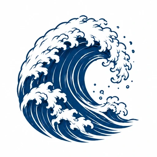 Stylized deep blue curling ocean wave tattoo with white frothy crest and splashes in Japanese art style.
