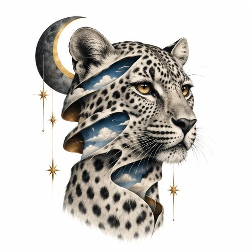 Surrealist leopard head with torn openings revealing a cloudy sky inside, accompanied by crescent moon and hanging golden stars.