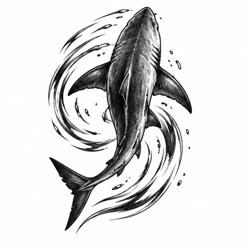 Black and grey tattoo illustration of a shark with surrounding swirling water lines