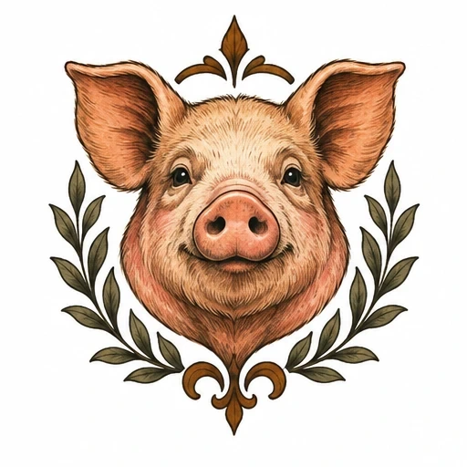 Realistic pig head portrait framed by laurel leaves and decorative brown flourishes