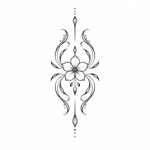 Fine line black ink tattoo of a symmetrical floral design with a central five-petal flower and decorative curved vines